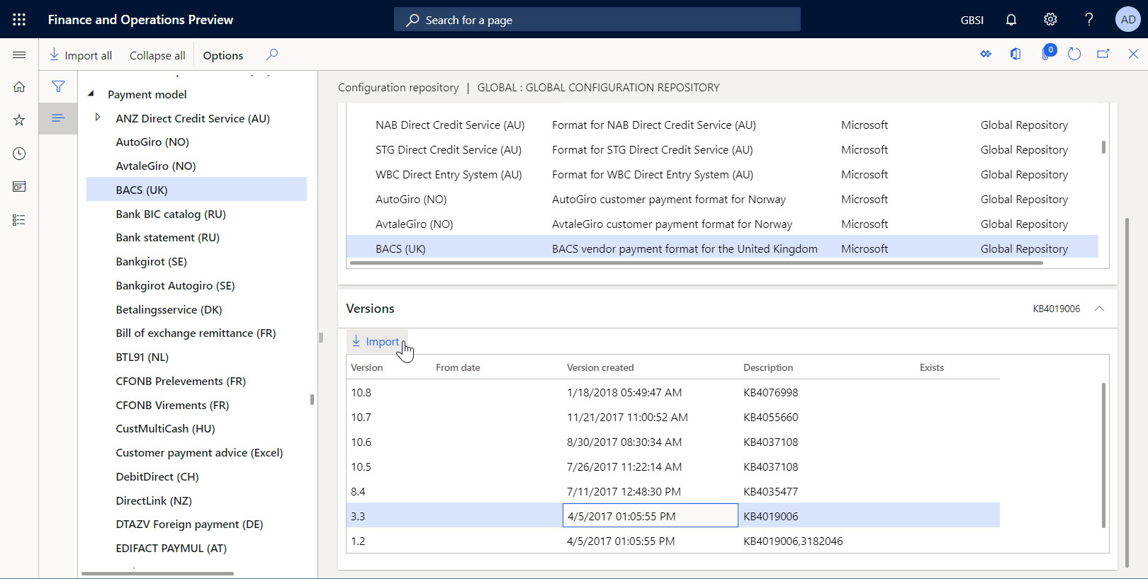 Página del repositorio de configuración, ficha desplegable Versiones, botón Importar.