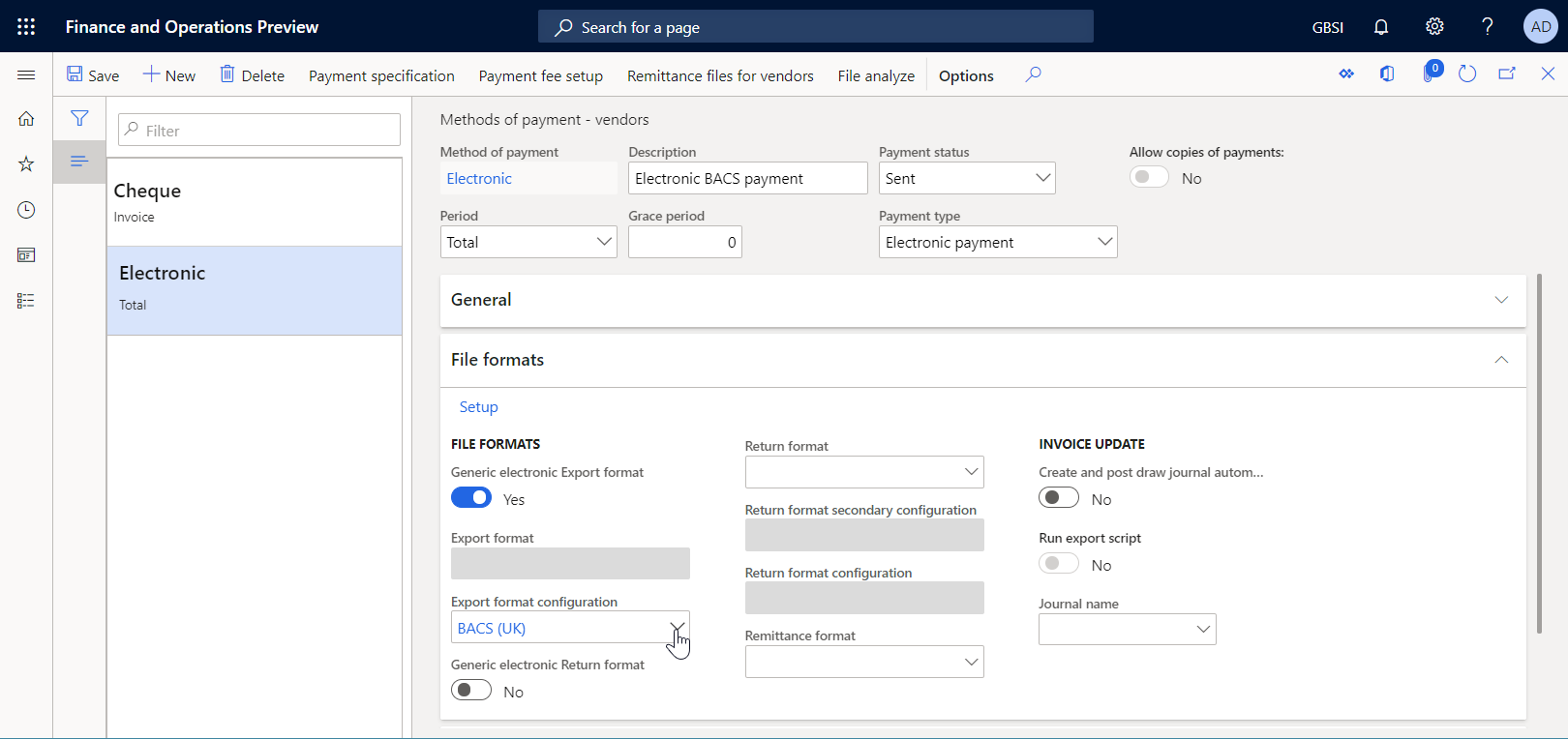 Métodos de pago: página de proveedores para configurar un método de pago electrónico para procesar pagos de proveedores utilizando un formato estándar.