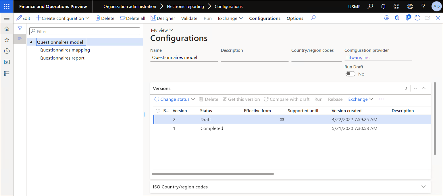 Revisión de la lista de configuraciones de ER importadas en la página Configuraciones.