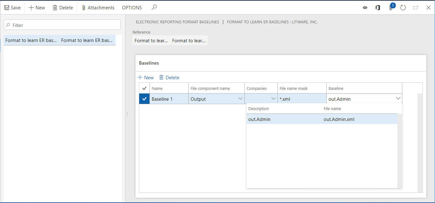 Página de líneas base del formato de los informes electrónicos, ficha desplegable con una línea base seleccionada.