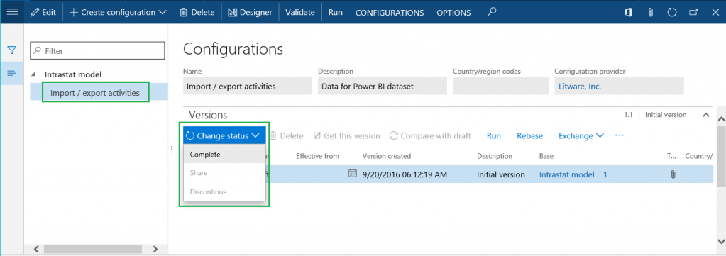 Configuración de actividades de importación/exportación en la página Configuraciones.