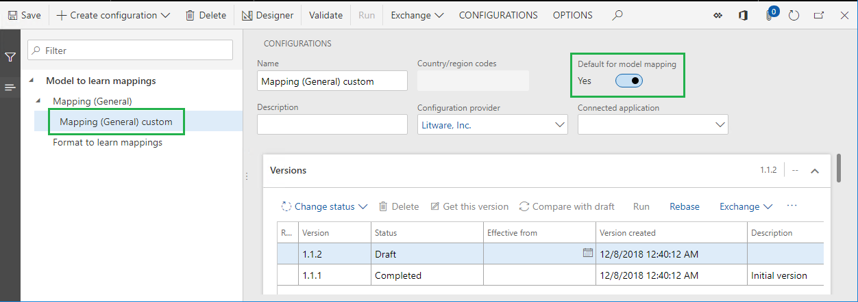 Página de configuraciones de ER, predeterminado para el control deslizante de asignación de modelos establecido en Sí.