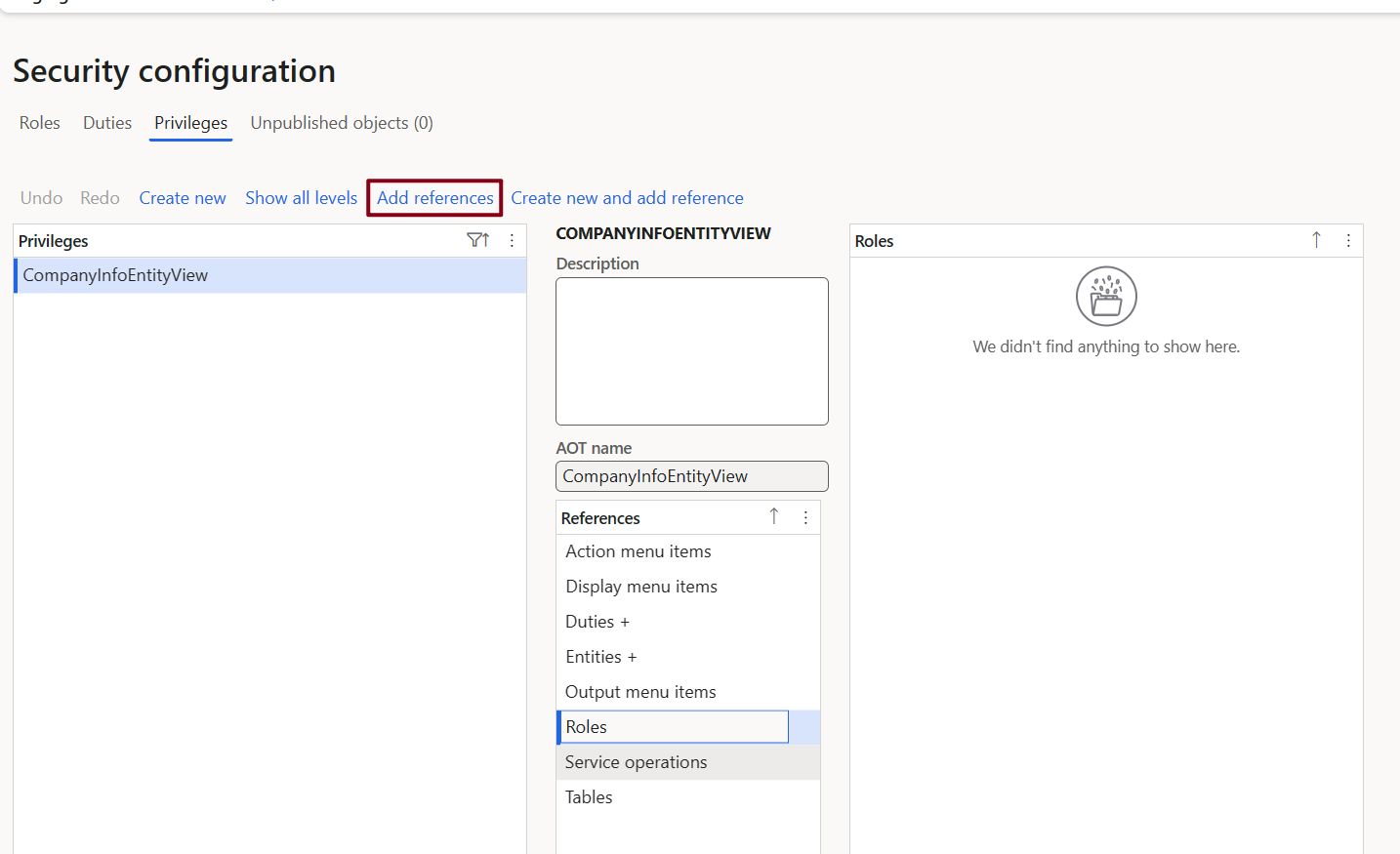 A screenshot of the Security configuration page with Add references highlighted.