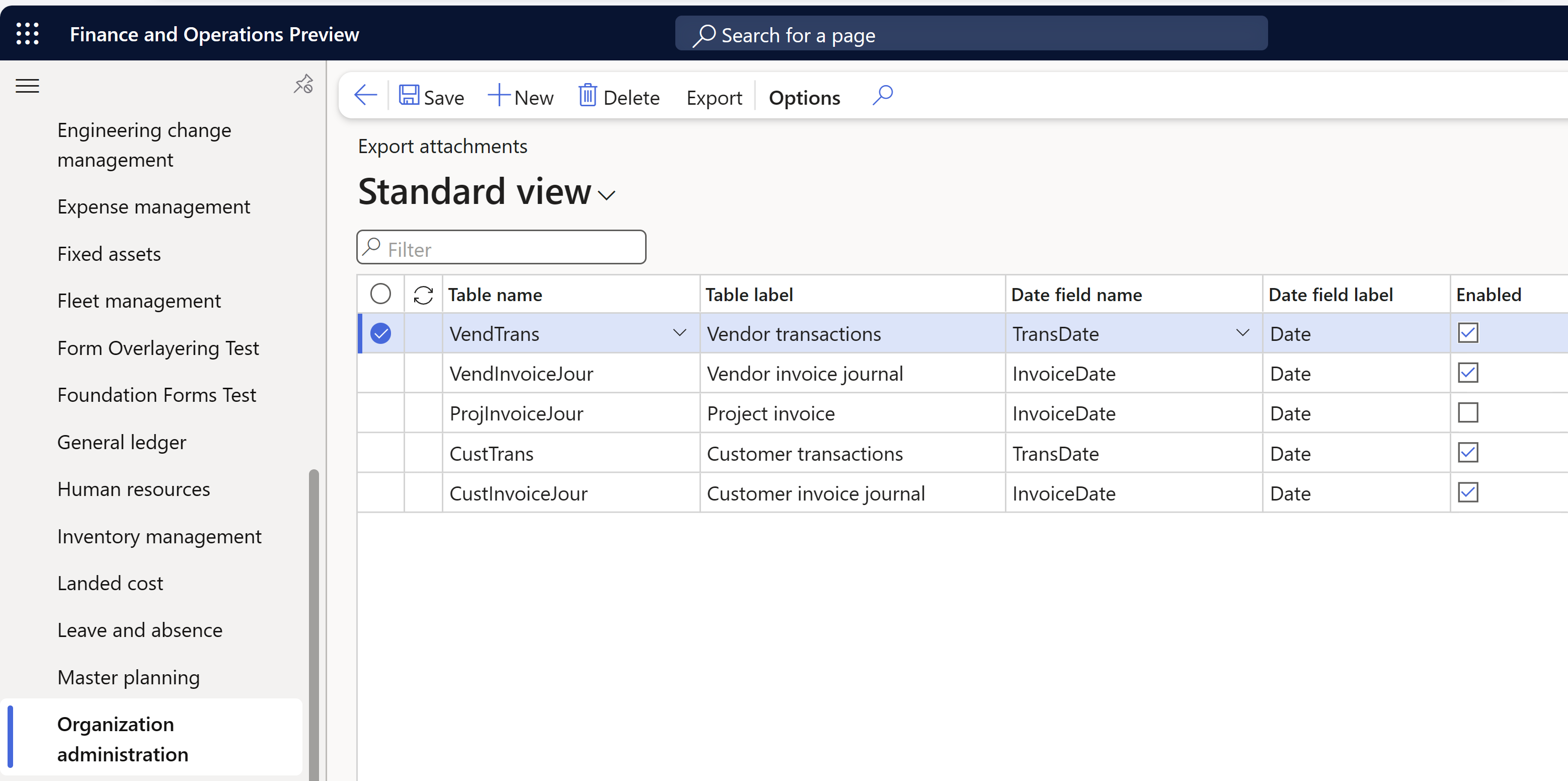 Screenshot of the Export attachments page.