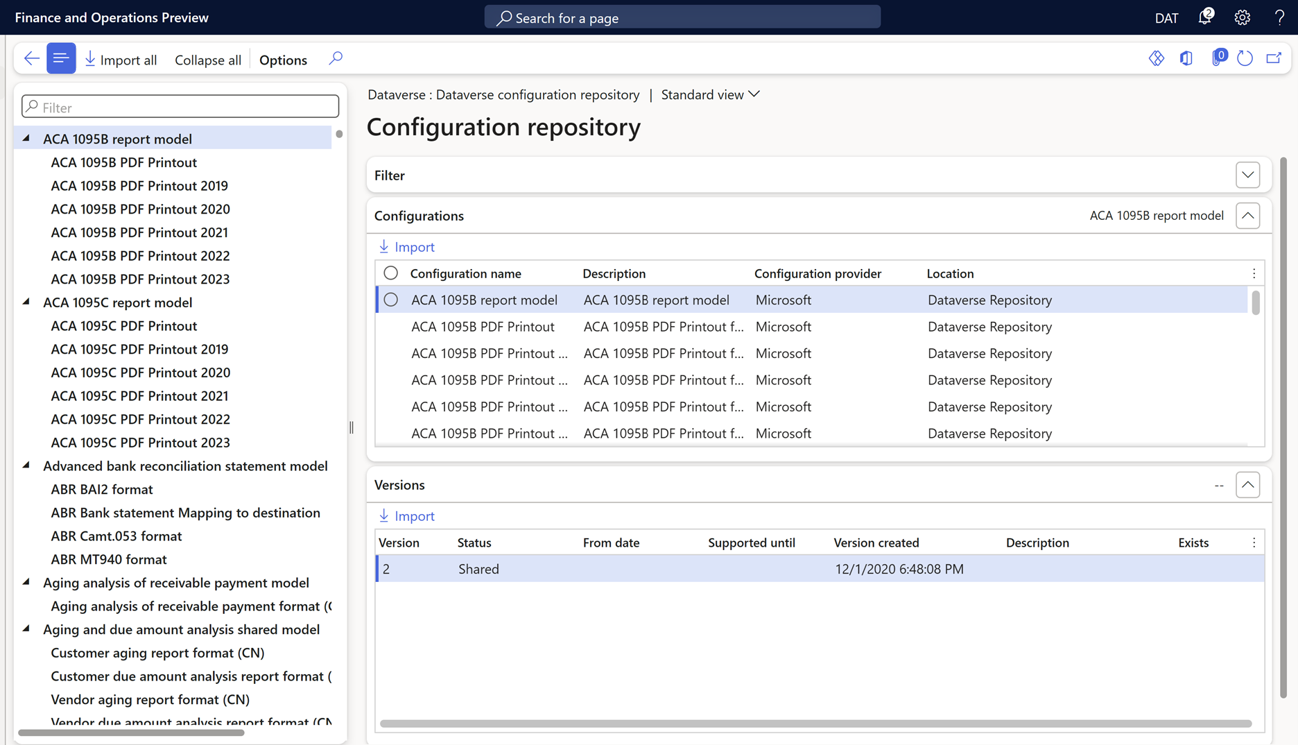 Captura de pantalla de la página del repositorio de configuración, donde se selecciona una versión de una configuración para importar.