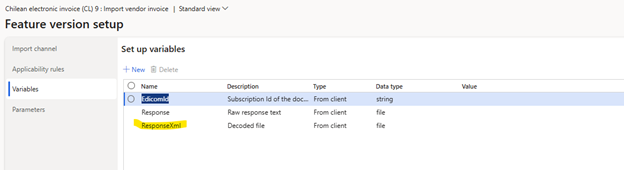 Captura de pantalla de la configuración en la pestaña Variables de la página Configuración de la versión de característica