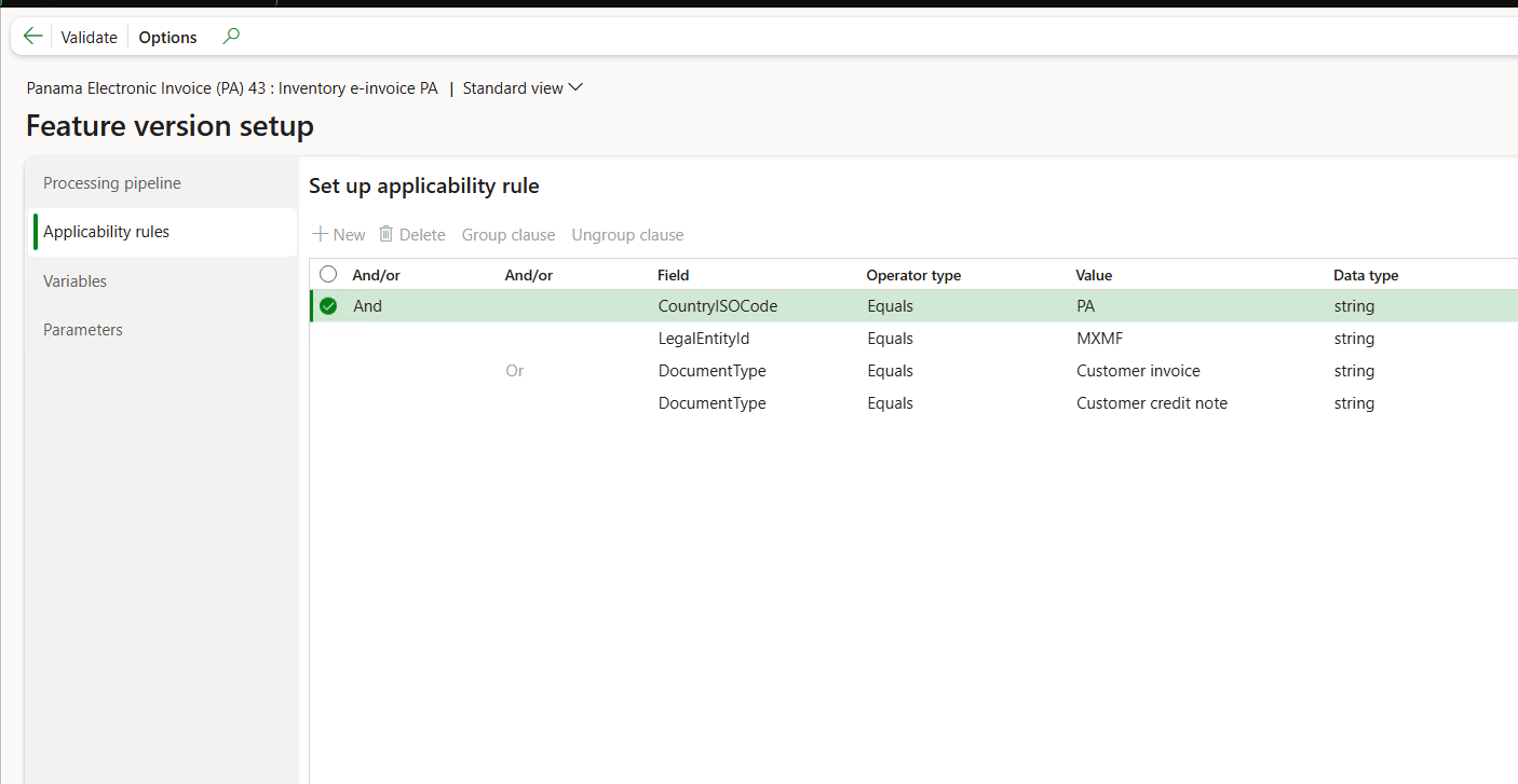 Captura de pantalla de la configuración en la pestaña Reglas de aplicabilidad de la página Configuración de la versión de características