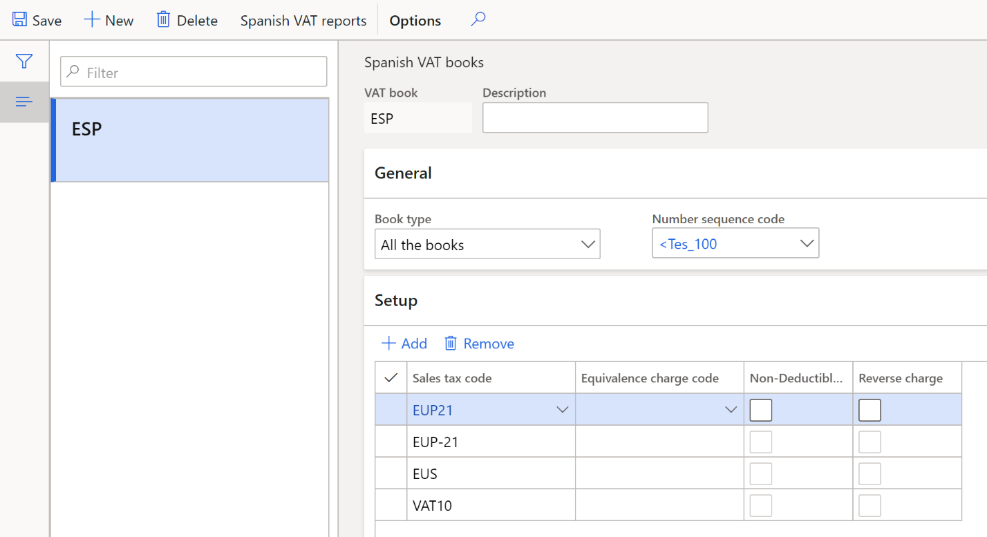 Página de libros de IVA en español, ficha desplegable Configuración.