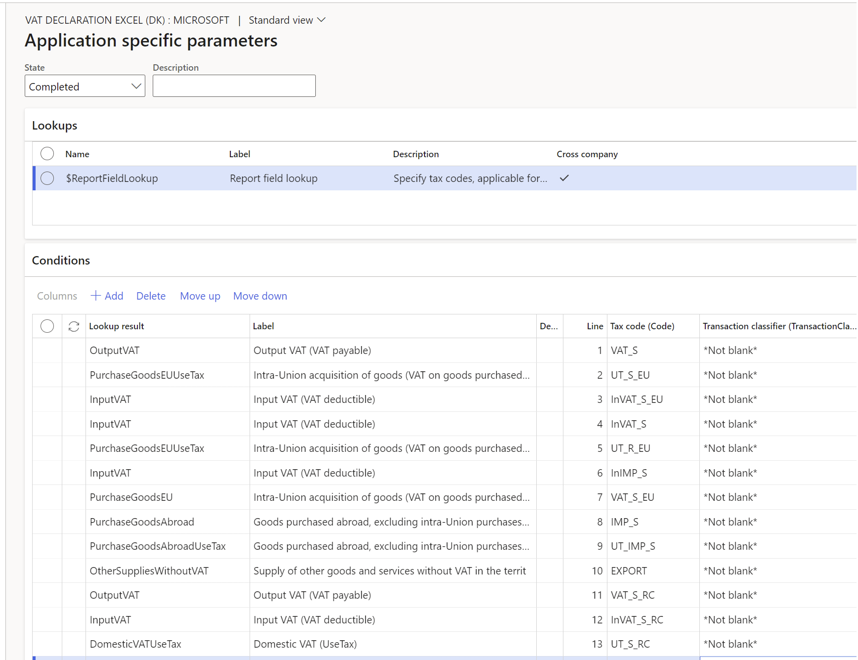 Application specific parameters page.