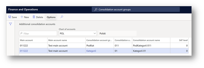 Screenshot that shows a category and subcategory created on the Additional consolidation accounts page.