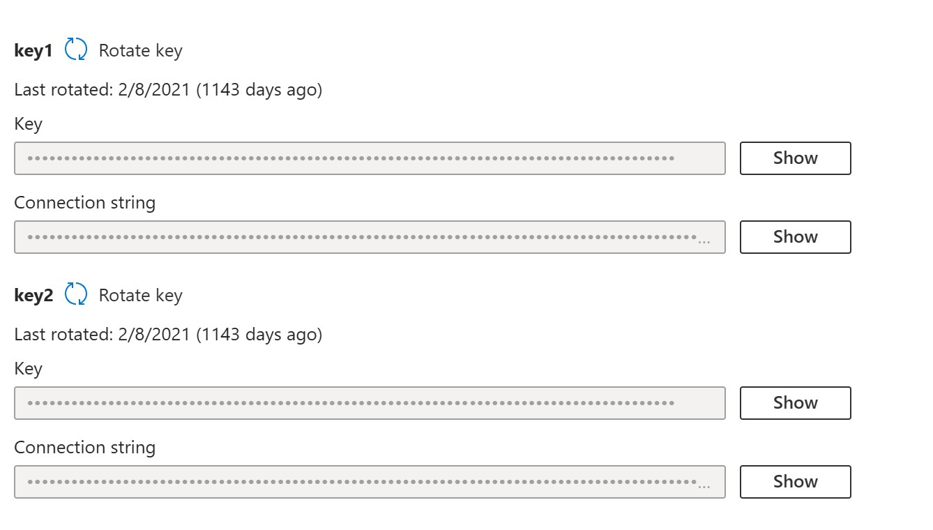 Screenshot that shows Azure file share connection strings.