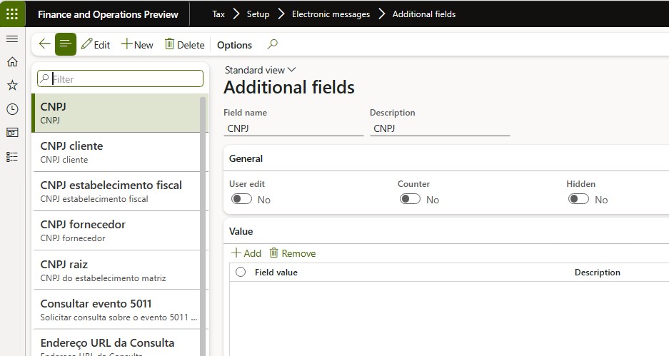 Configuration on the Additional fields page.