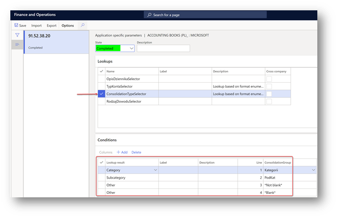 Screenshot that shows the setup of the application-specific parameter for the consolidation account.