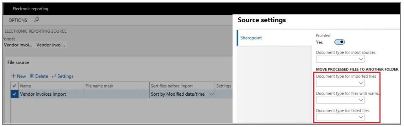 Captura de pantalla que muestra los campos en la sección Mover archivos procesados ​​a otra ubicación del cuadro de diálogo Configuración de origen.