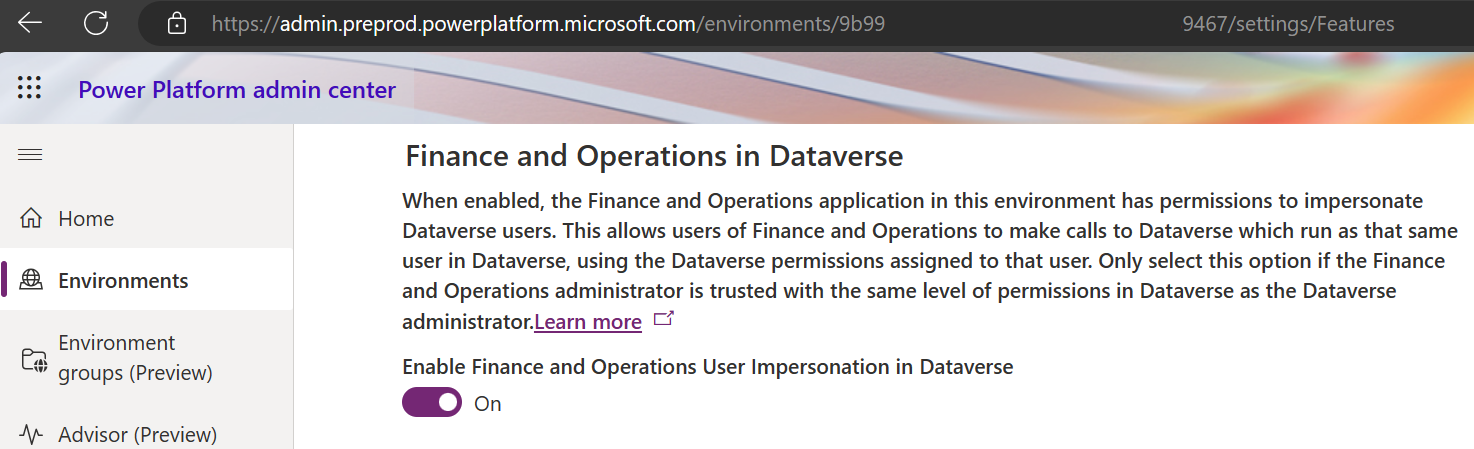 Habilitar la suplantación de usuarios en Finance and Operations en Dataverse