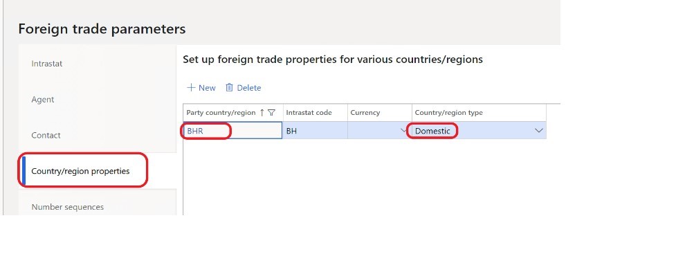 Página de parámetros de comercio exterior.