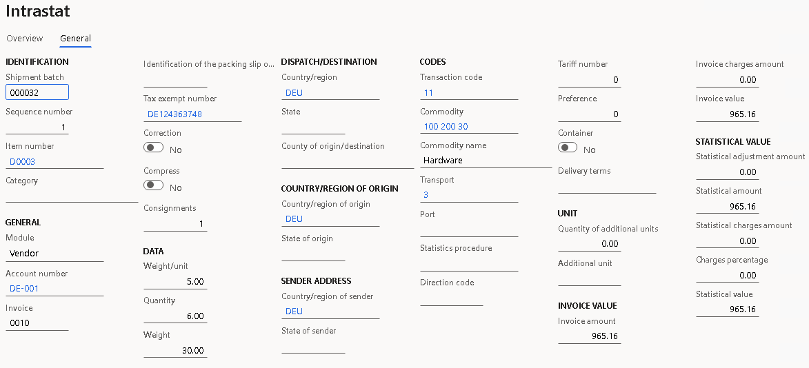 Purchase order details on the General tab of the Intrastat page