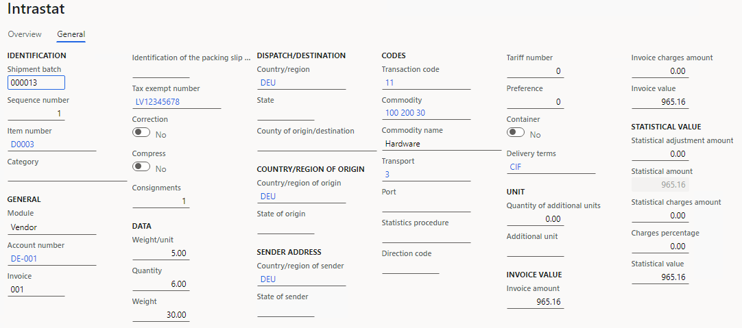 Purchase order details on the General tab of the Intrastat page