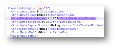 Screenshot that shows an example of the KontoZapis node when the Show all dimensions checkbox is cleared.