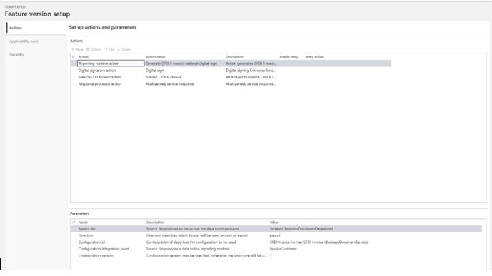 Página de configuración de versión de características.