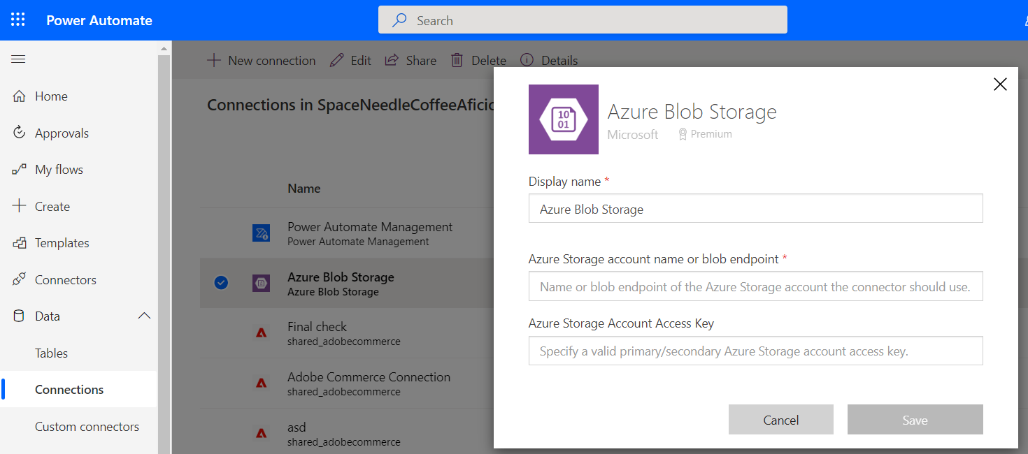 Cuadro de diálogo Azure Blob Storage.