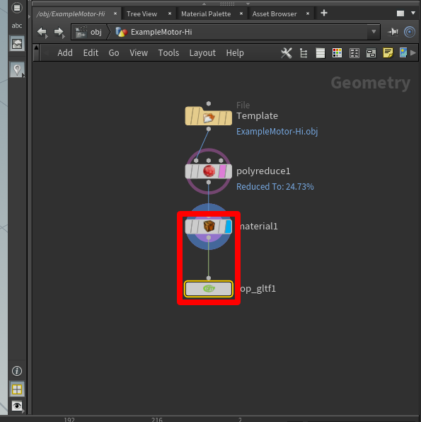 Conexión del nodo material1 con el nodo rop_gltf1.