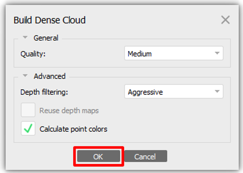 Configuración Build Dense Cloud.