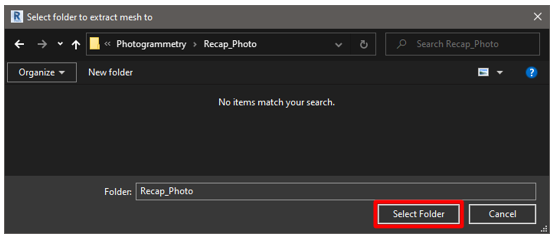 Cuadro de diálogo Select folder to extract mesh con el botón Select Folder seleccionado.