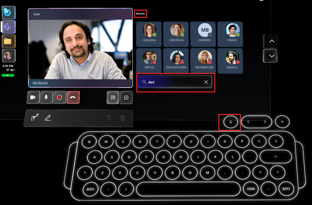 Captura de pantalla de la lista reciente con el cuadro de búsqueda y el teclado holográfico.