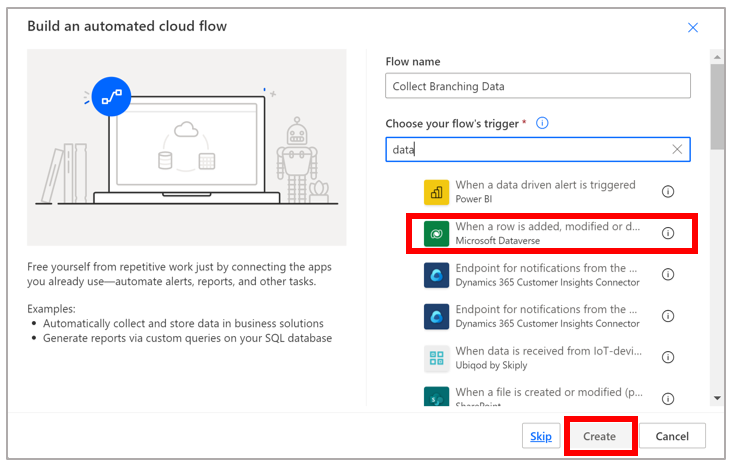 Pantalla de Power Automate con el desencadenador Al crear un registro seleccionado