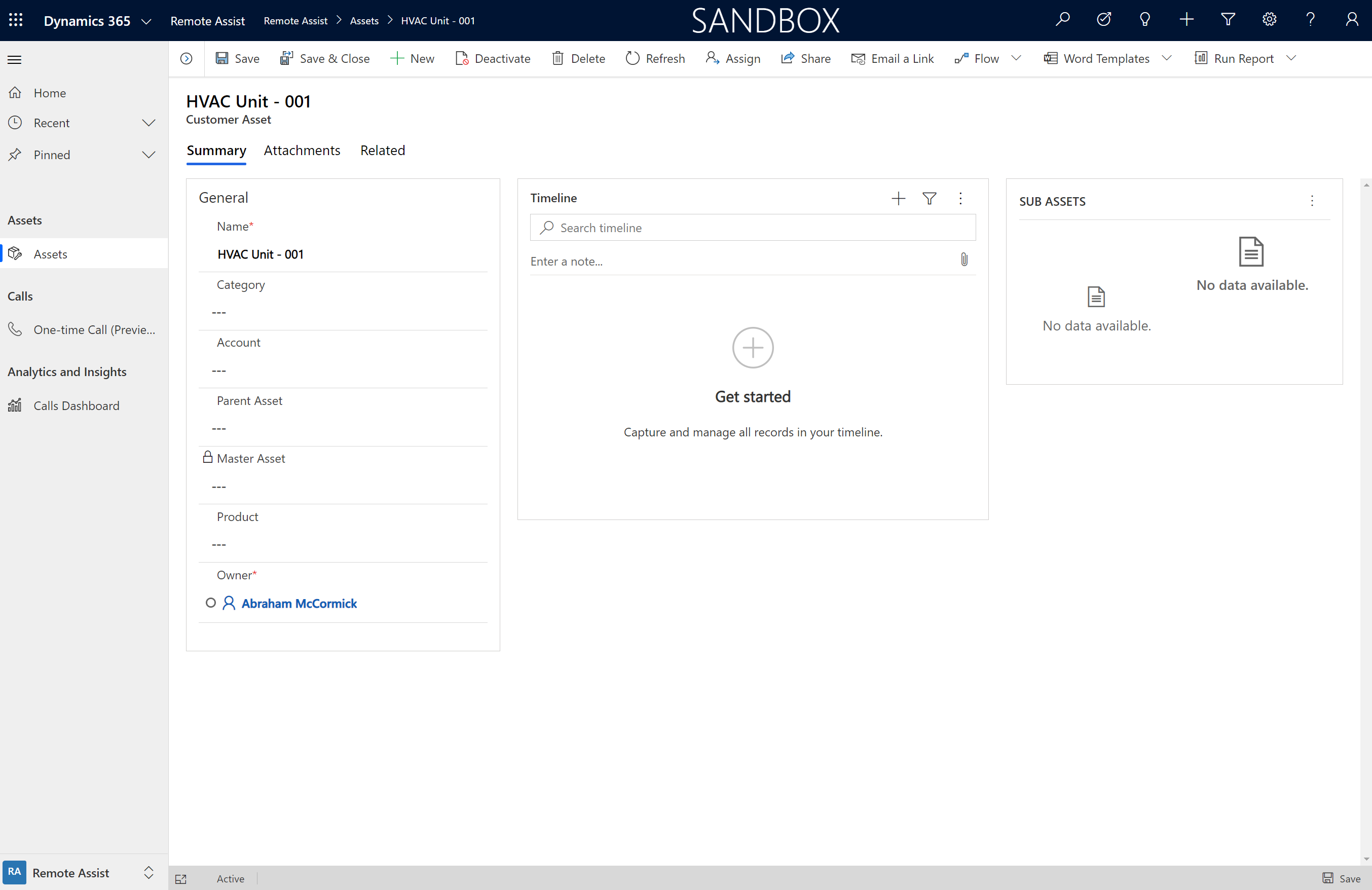 Captura de pantalla de la aplicación basada en modelo Dynamics 365 Remote Assist que muestra un activo del cliente