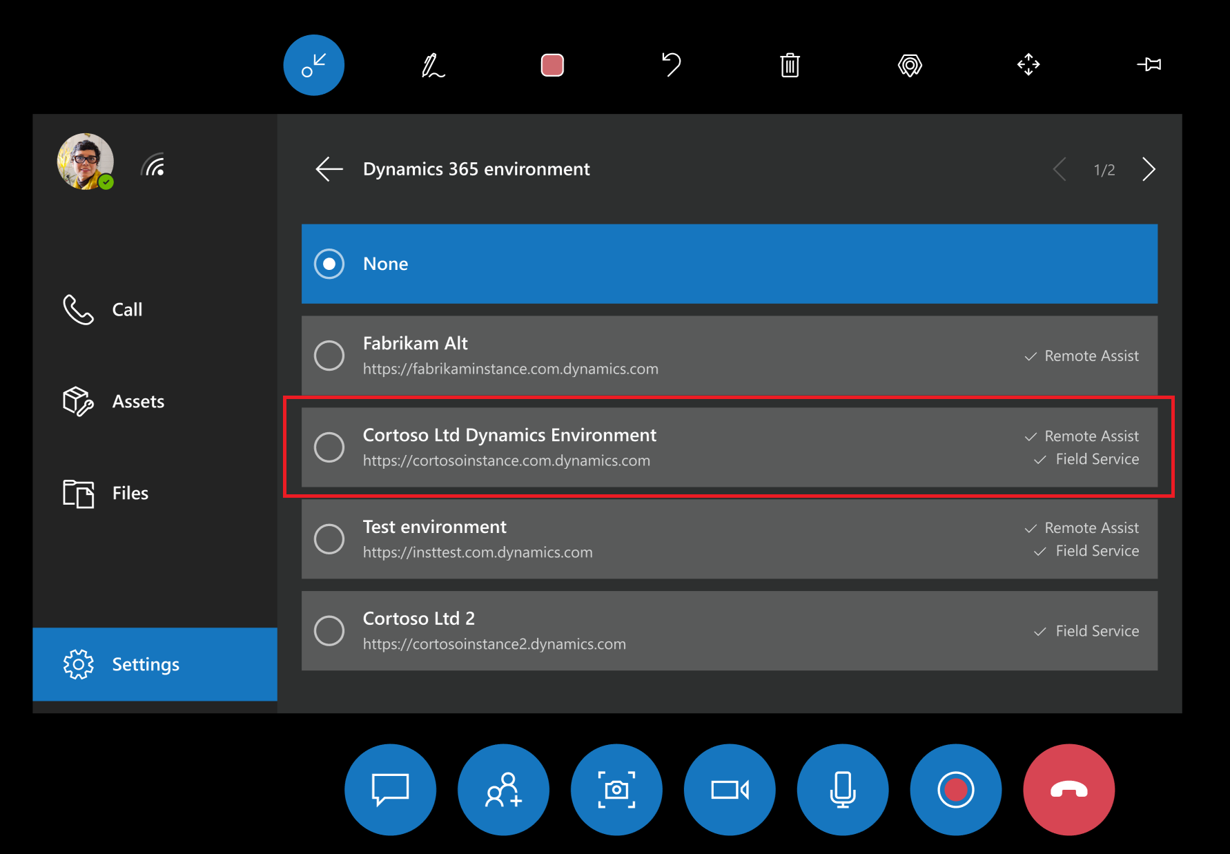 Lista de entornos en el menú de configuración de Remote Assist con HoloLens