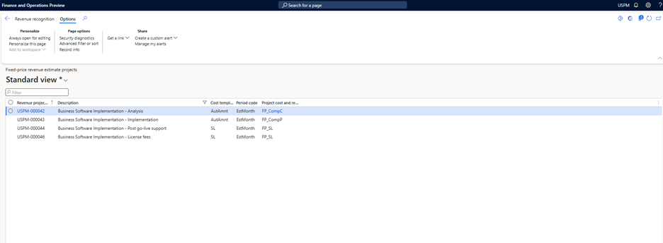 Proyectos en la página de proyectos de estimación de ingresos de precio fijo en Dynamics 365 Finance.