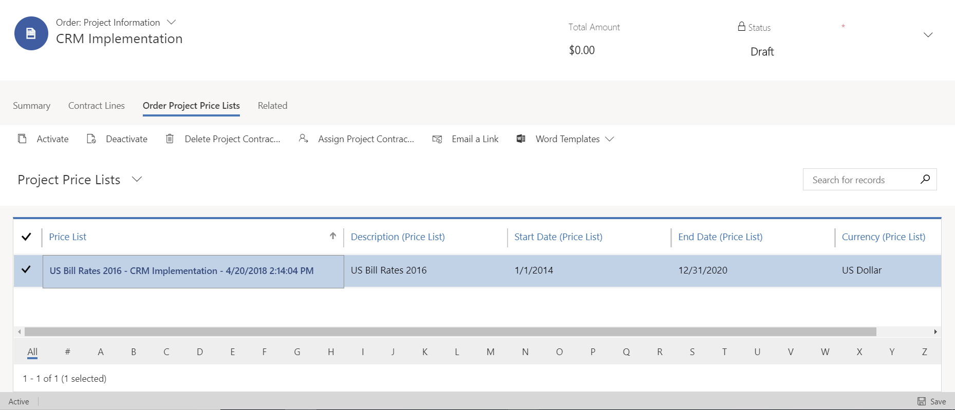 Visualización y configuración de precios personalizados para un contrato de proyecto.