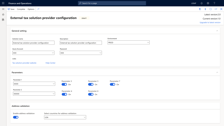 Captura de pantalla de una configuración estándar para simplificar la integración con proveedores externos de soluciones de administración de impuestos