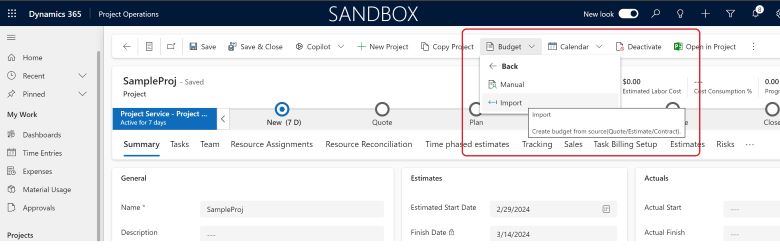 Captura de pantalla del presupuesto de ventas creada a partir de estimaciones, detalles de líneas de ofertas y detalles de líneas de contrato