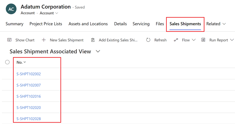 Muestra los resultados de hacer clic en una acción generada por la relación sintética en Dynamics 365 Sales