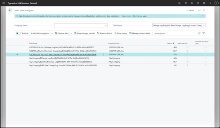 Captura de pantalla de tablas para incluir o excluir