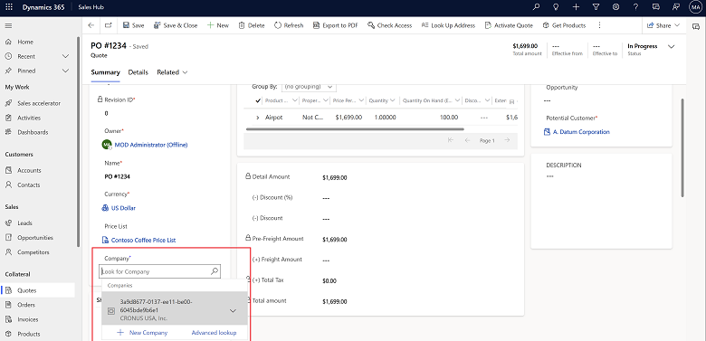 Muestra el campo Empresa en Oferta en Dynamics 365 Sales