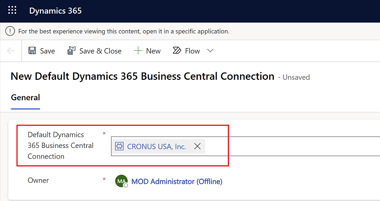 Muestra la página Conexión predeterminada de Business Central en Dynamics 365 Sales