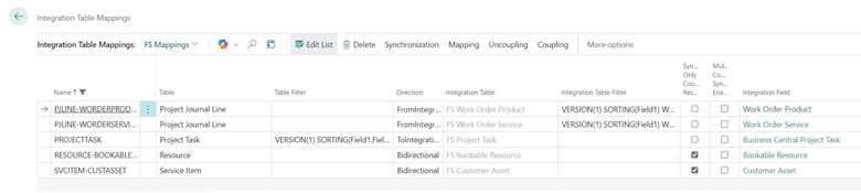 Muestra nuevas asignaciones de tablas de integración utilizadas en la integración de Dynamics 365 Field Service.