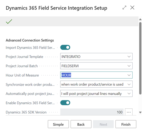 Muestra la página de guía de Configuración de integración de Dynamics 365 Field Service.