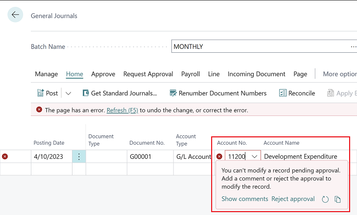 Muestra un error de validación en línea con acciones.