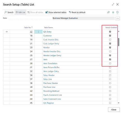 Muestra la página de configuración de búsqueda donde puede habilitar la búsqueda de tablas adicionales.