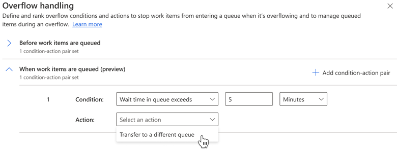 Administración de desbordamiento para configurar una acción cuando el tiempo de espera supere los 5 minutos