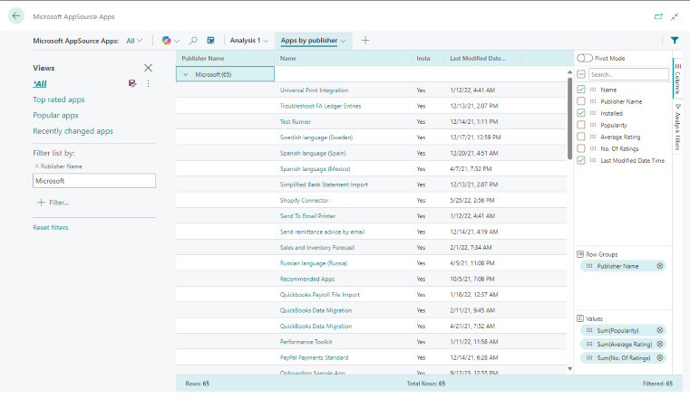 Página Modo de análisis para la página Aplicaciones de AppSource