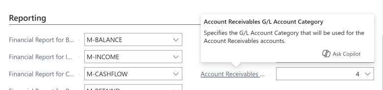 Seleccionar la categoría de cuenta contable para clientes en la página Configuración de contabilidad general