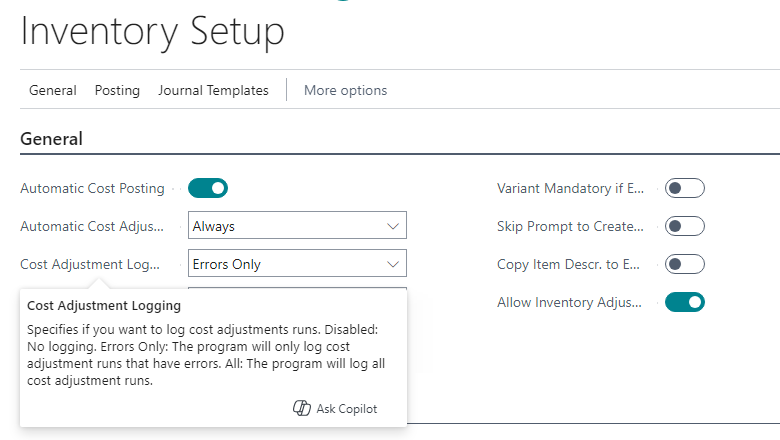 Página Configuración de inventario