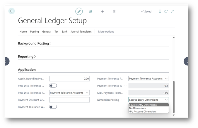 Puede controlar las dimensiones de los movimientos registrados durante las liquidaciones en la página Configuración de contabilidad general.