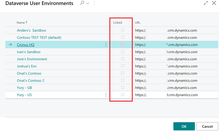 Muestra la nueva columna de alternancia Vinculada en entornos de usuario de Dataverse disponibles